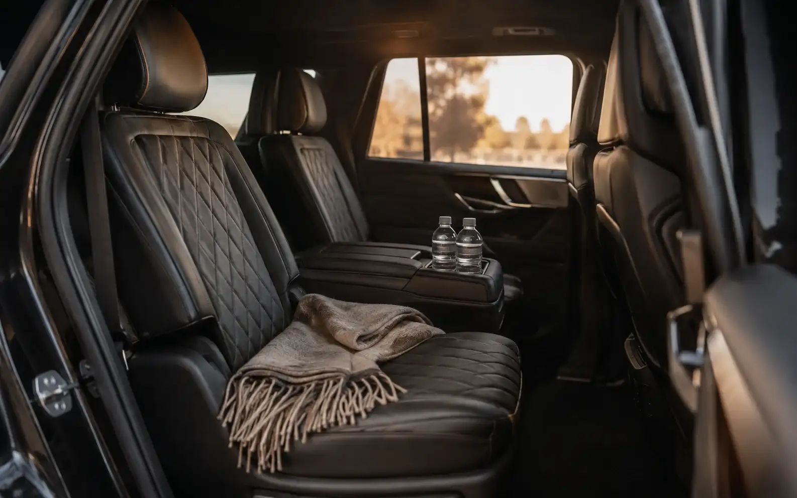 The rear cabin of a luxury SUV: quilted black leather, a folded throw and bottled water.