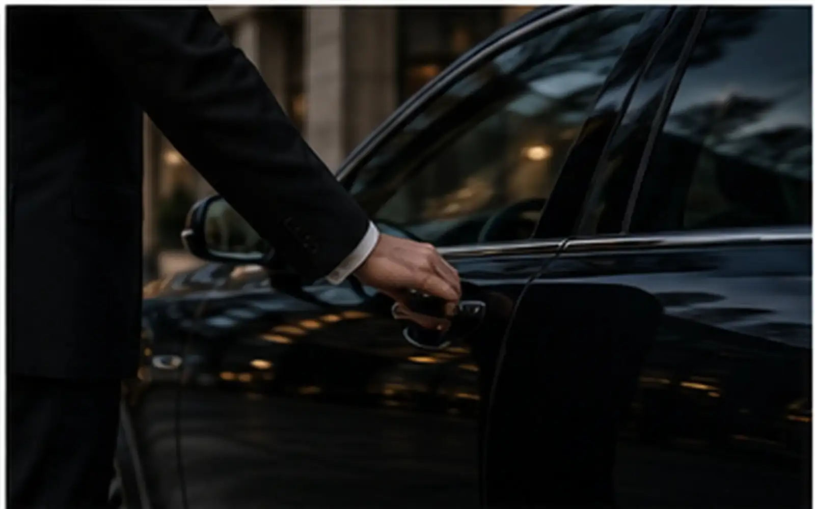 A chauffeur in a dark suit holding a rear passenger door open.